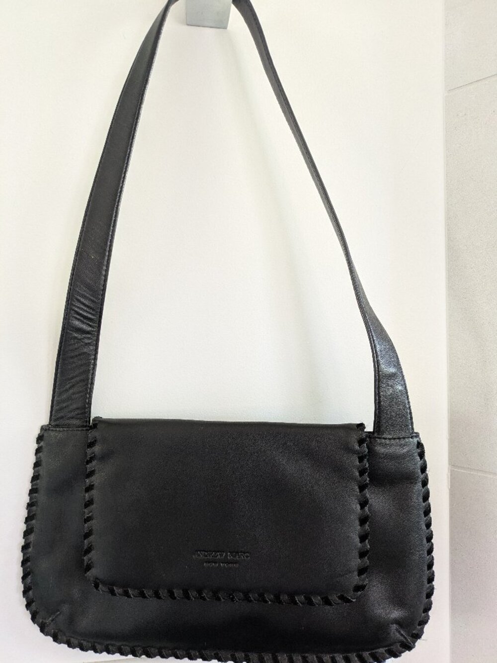 Vintage Andrew Marc New York Black Genuine Leather Whipstitch Shoulder Bag